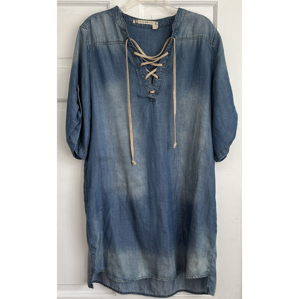 Chelsea & Violet Blue Chambray Lace Up Shirt Dress Womens Large Pockets Boho